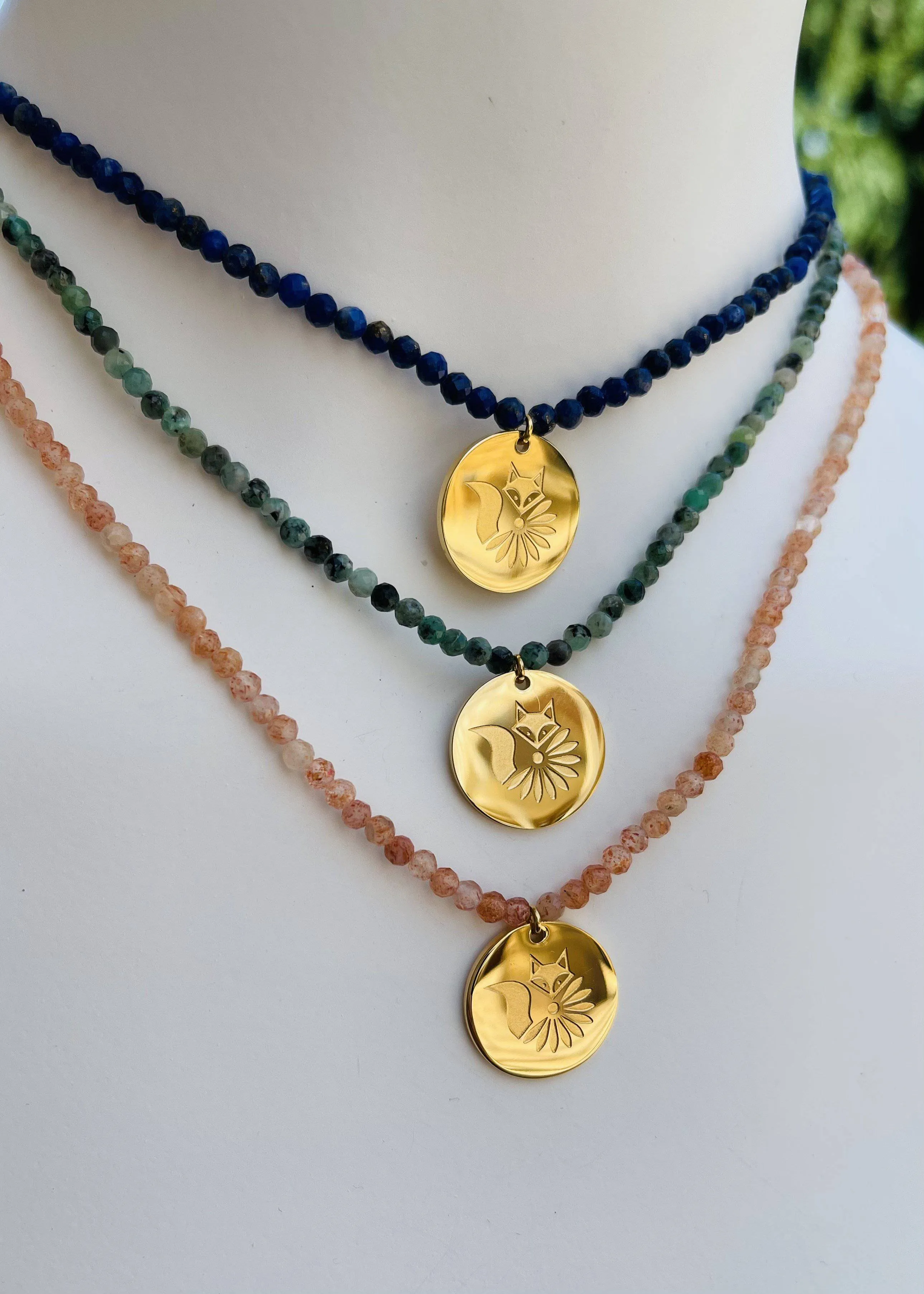 Blake Beaded Gemstone Necklace with Lucky Coin Fox Medallion