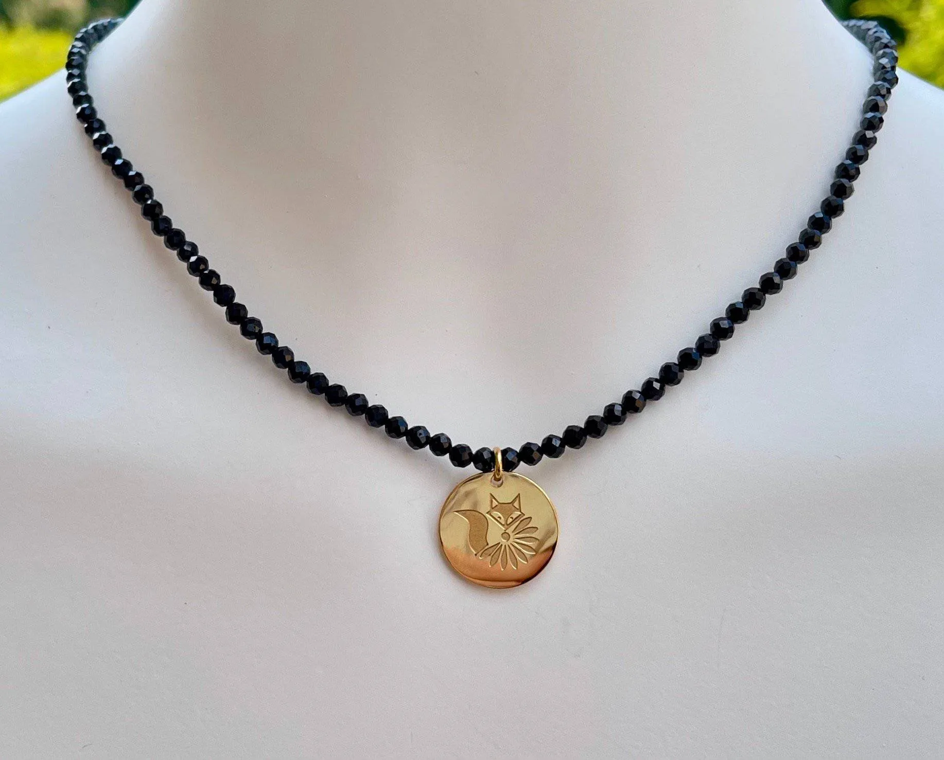 Blake Beaded Gemstone Necklace with Lucky Coin Fox Medallion