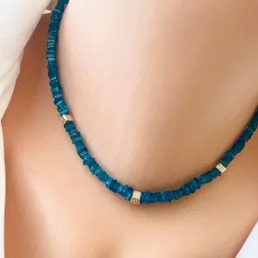 Blue Apatite Beads Choker Necklace with Gold Vermeil Details and Clasp, 15inches