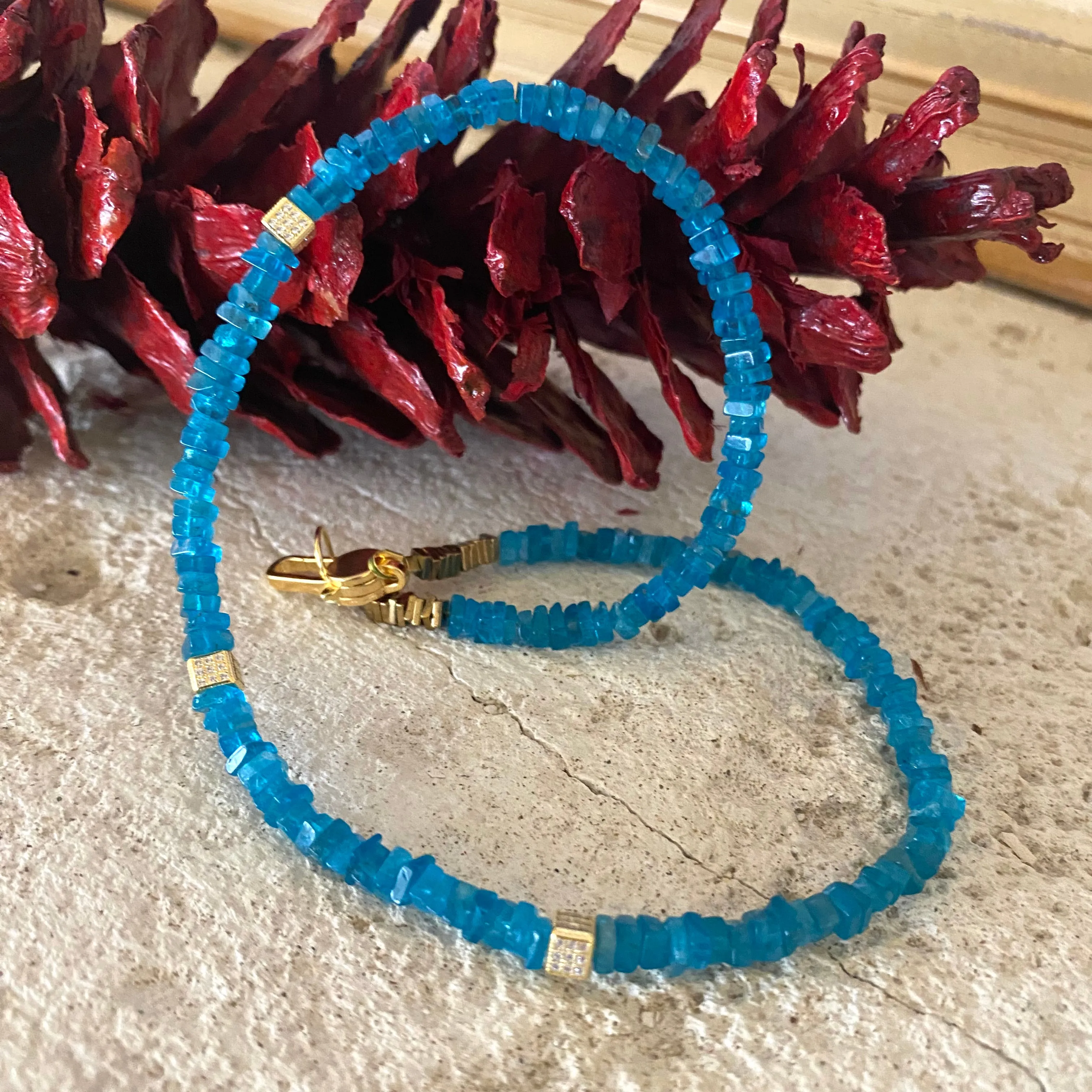 Blue Apatite Beads Choker Necklace with Gold Vermeil Details and Clasp, 15inches