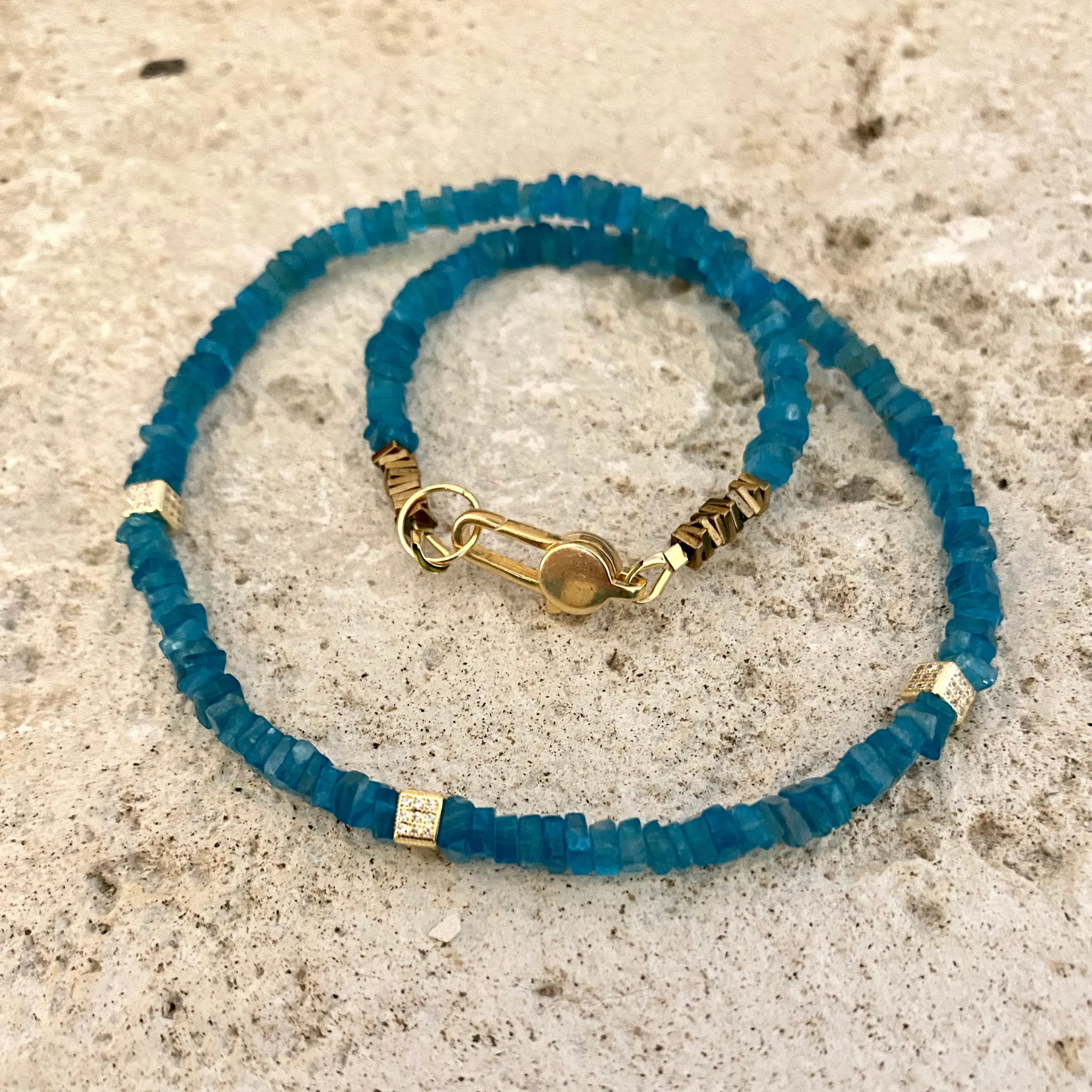 Blue Apatite Beads Choker Necklace with Gold Vermeil Details and Clasp, 15inches