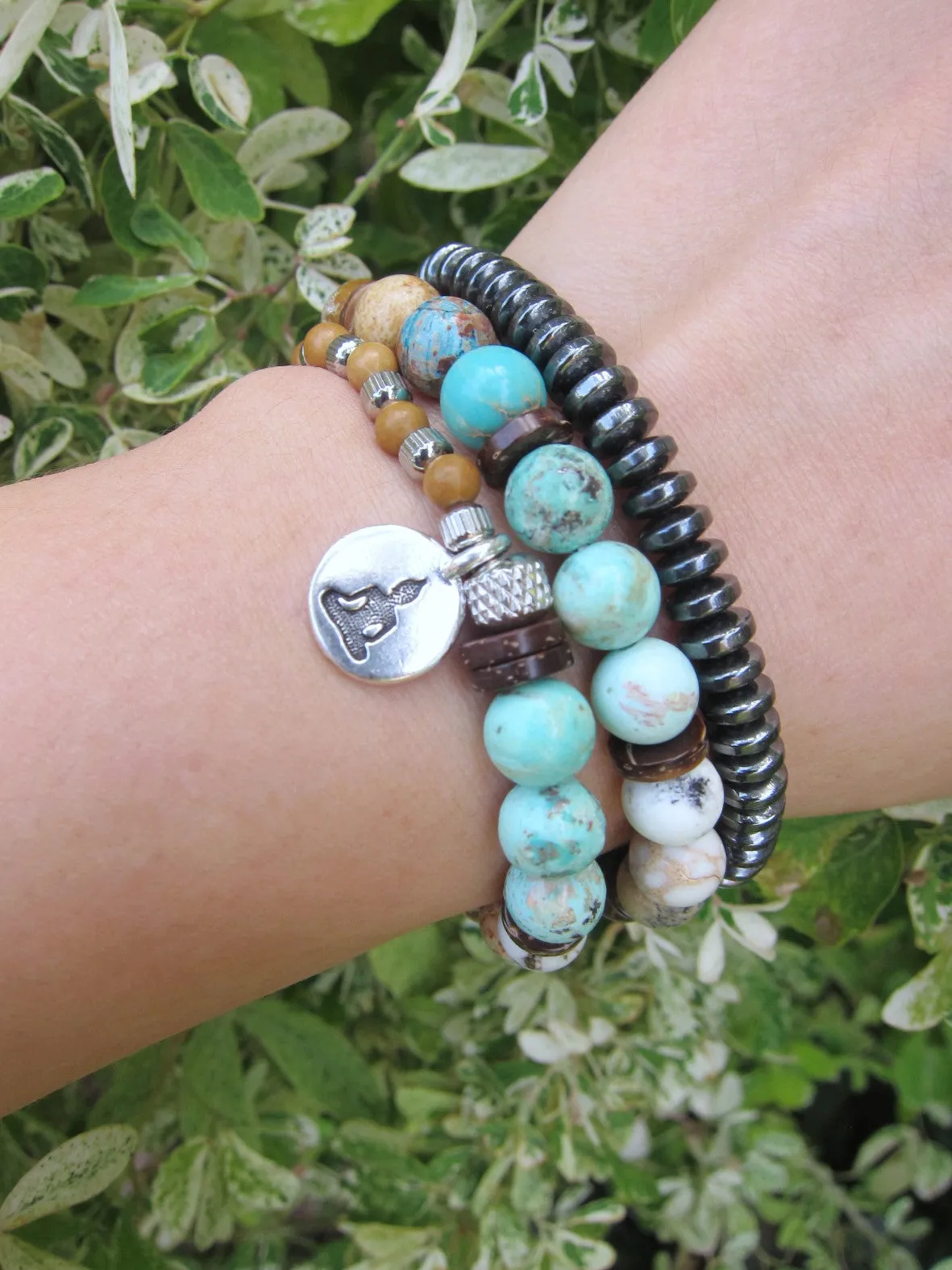 Bohemia Peruvian Mala Bracelet in Aqua Jasper, African Opal, Bronzite, Green Peru Turquoise