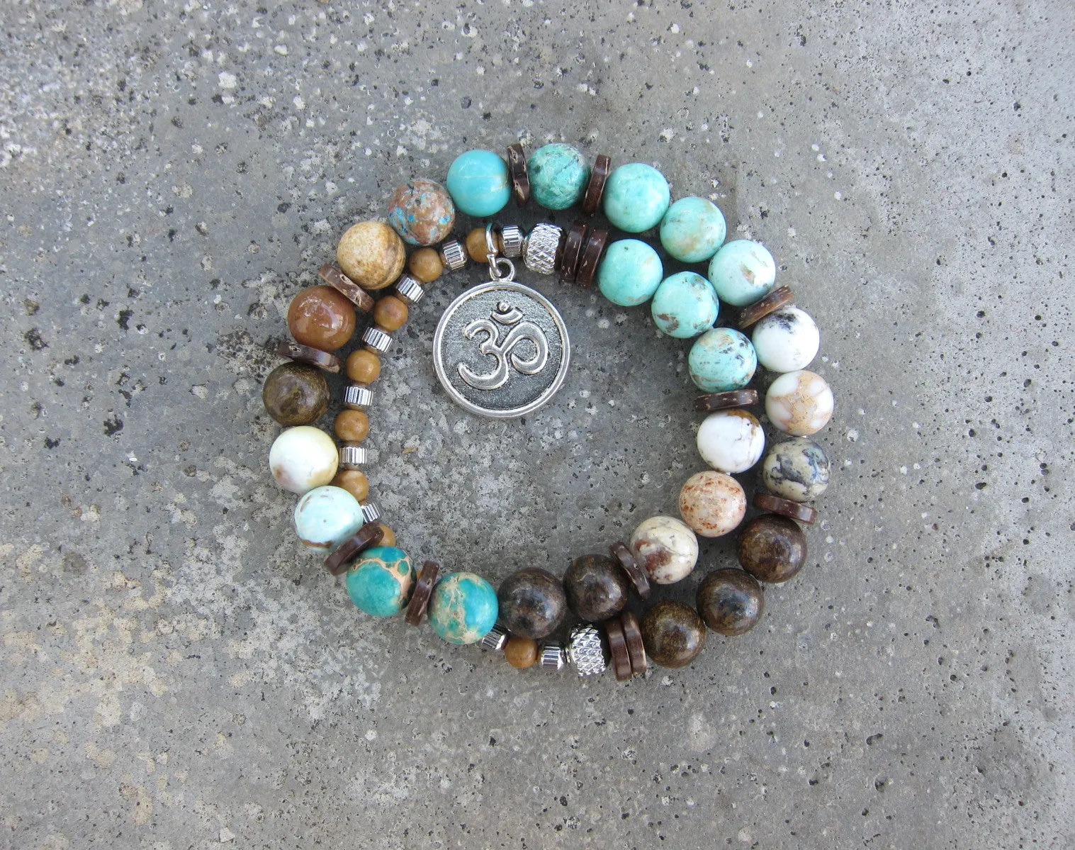 Bohemia Peruvian Mala Bracelet in Aqua Jasper, African Opal, Bronzite, Green Peru Turquoise