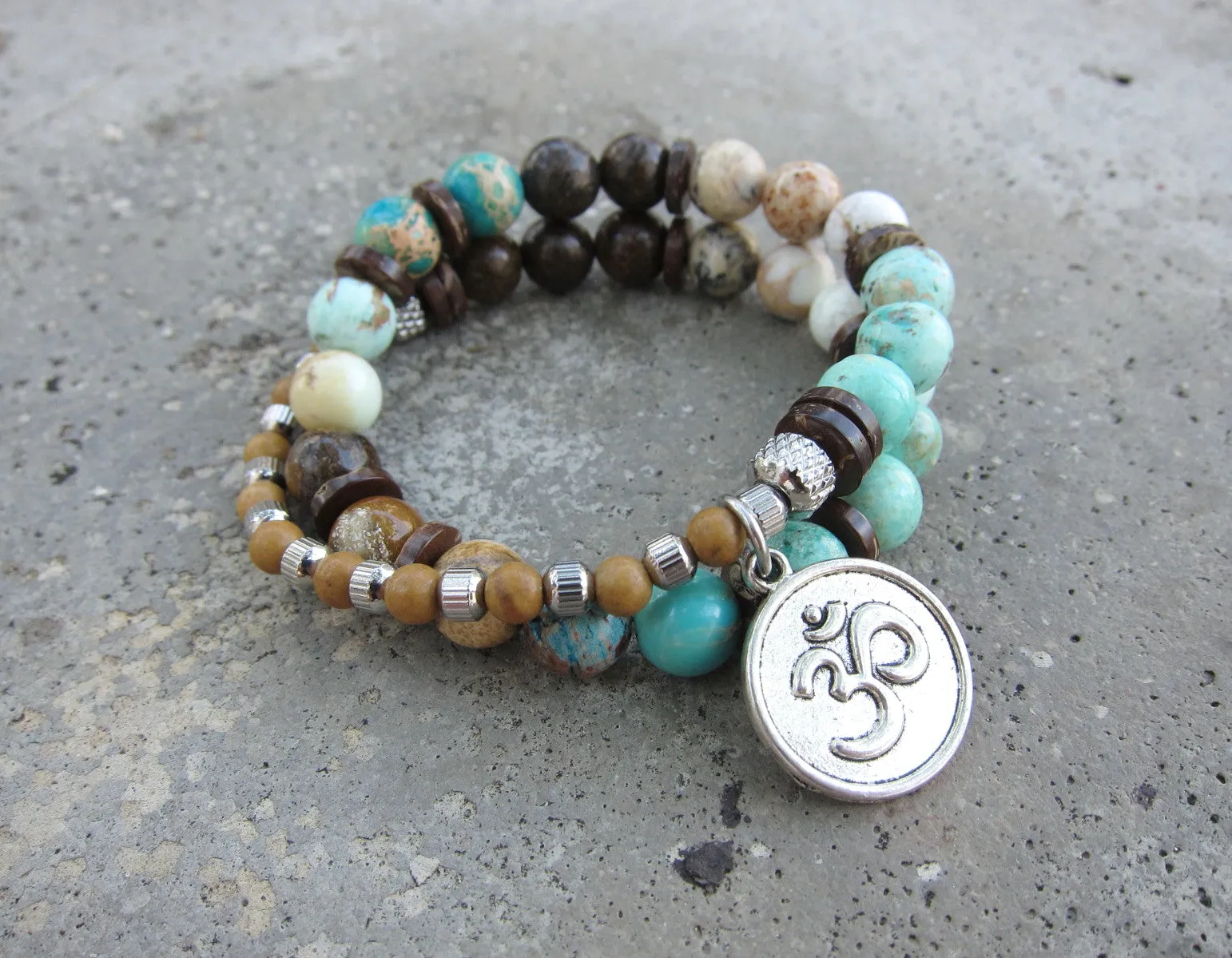 Bohemia Peruvian Mala Bracelet in Aqua Jasper, African Opal, Bronzite, Green Peru Turquoise