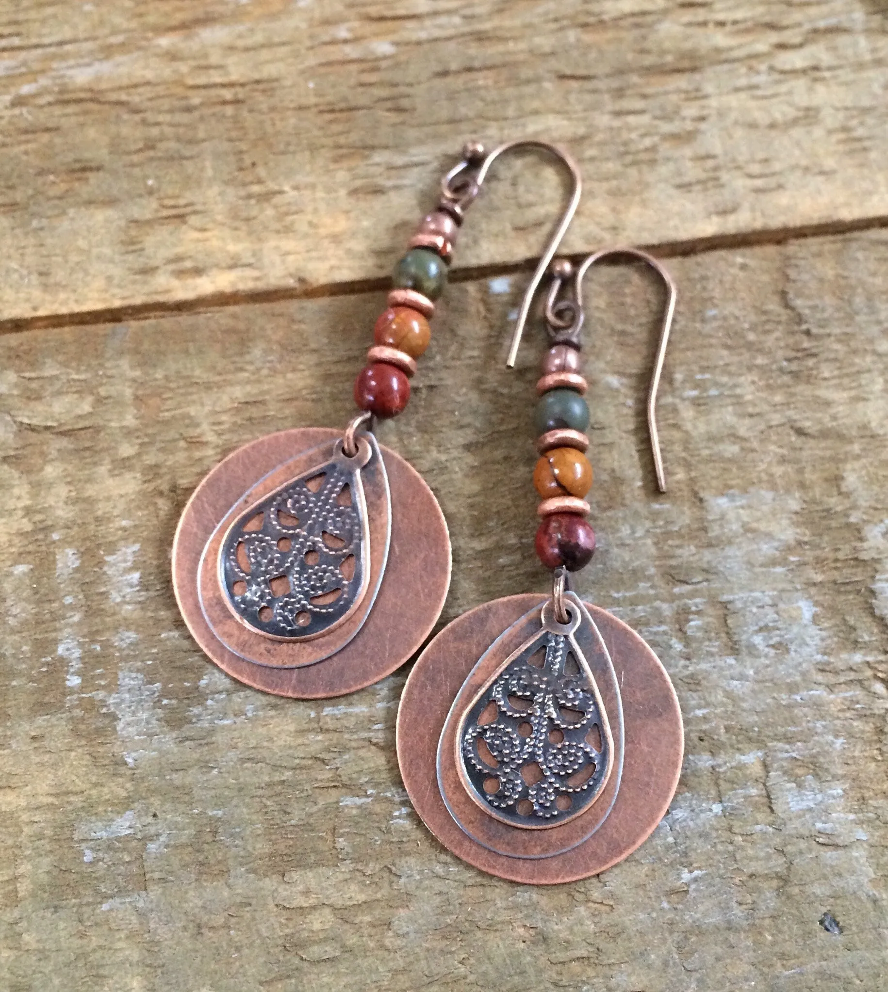 Boho Jasper Earrings, Copper Dangle Earrings, Red Creek Jasper Jewelry, Colorful Stone Earrings, Bohemian Jewelry