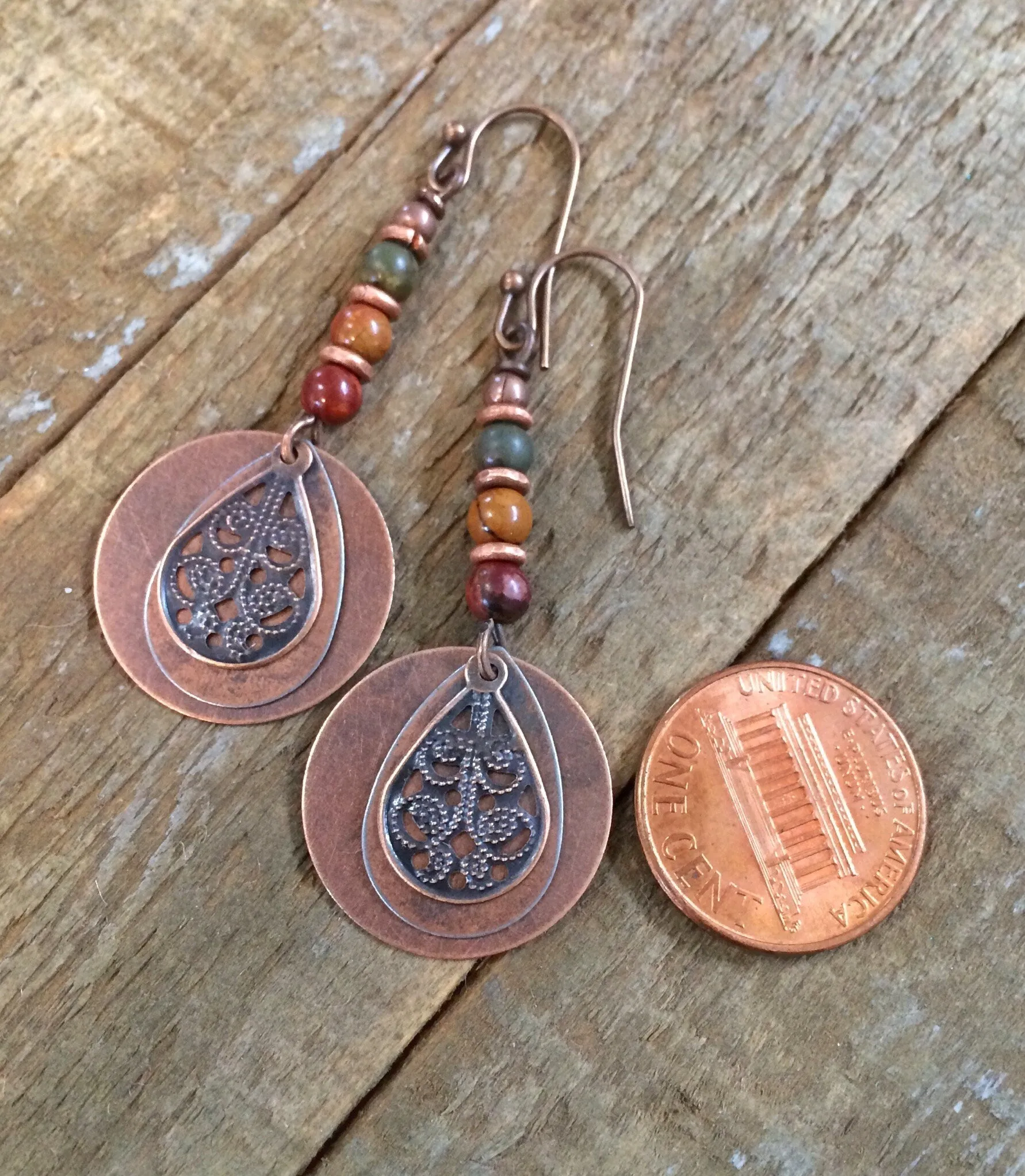 Boho Jasper Earrings, Copper Dangle Earrings, Red Creek Jasper Jewelry, Colorful Stone Earrings, Bohemian Jewelry