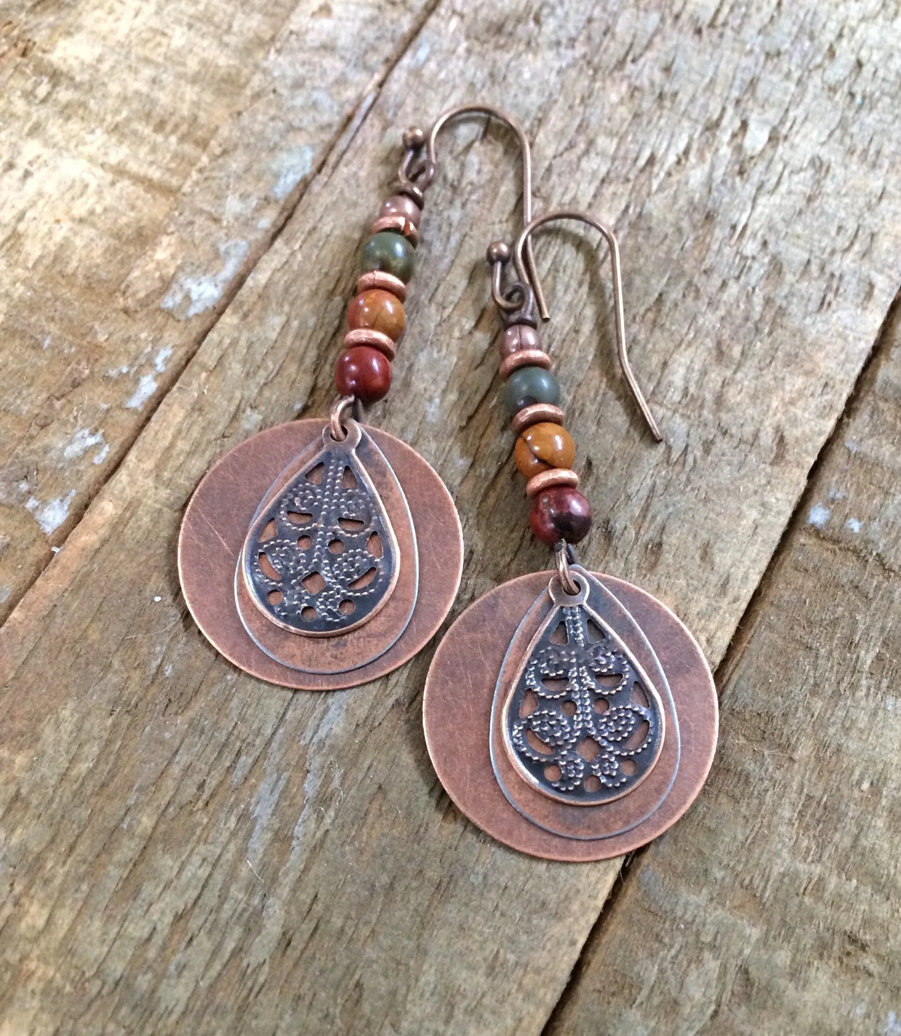 Boho Jasper Earrings, Copper Dangle Earrings, Red Creek Jasper Jewelry, Colorful Stone Earrings, Bohemian Jewelry