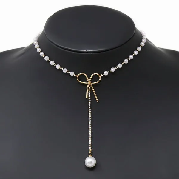 Bow Pendant With Rhinestone Thread Pearl Beaded Short Necklace