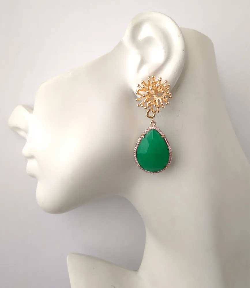 Branch Coral Stud with Haloed Teardrop Green Agate Earrings