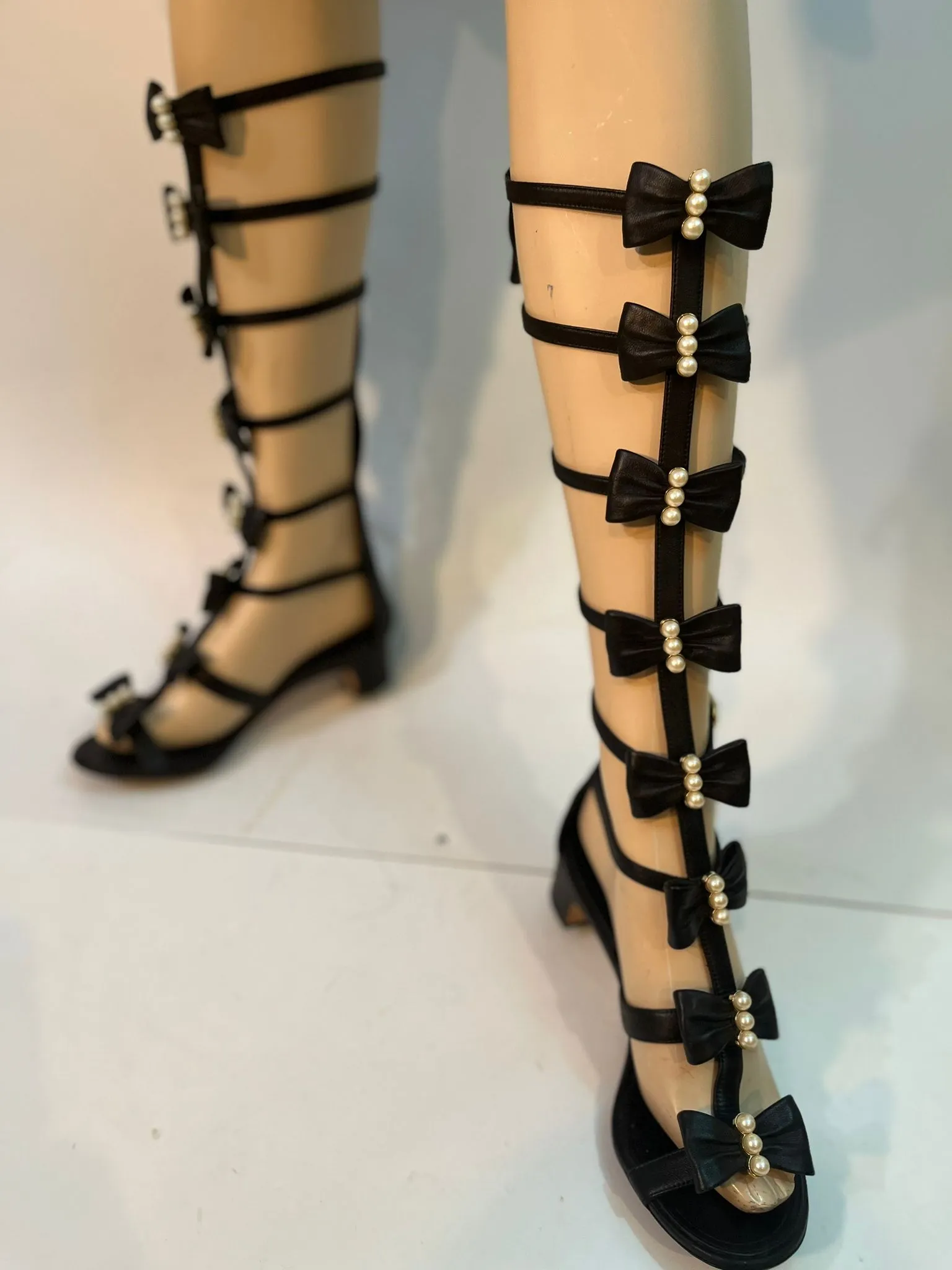 Chanel 16S 2016 Summer Tall Gladiator Sandals w Leather Bows and Pearls EU 37.5C US 7/7.5