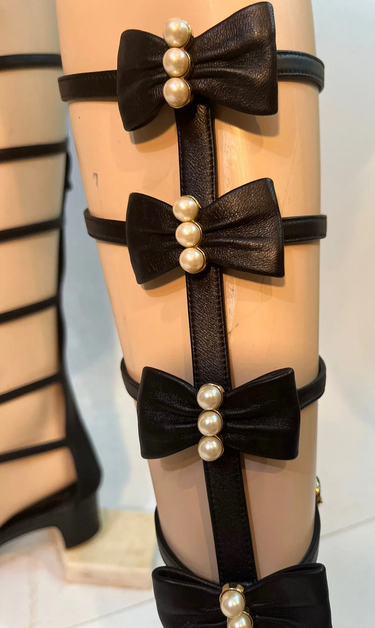 Chanel 16S 2016 Summer Tall Gladiator Sandals w Leather Bows and Pearls EU 37.5C US 7/7.5