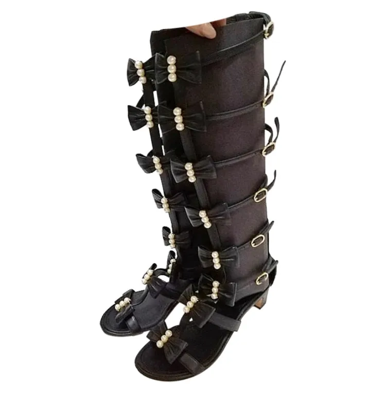 Chanel 16S 2016 Summer Tall Gladiator Sandals w Leather Bows and Pearls EU 37.5C US 7/7.5