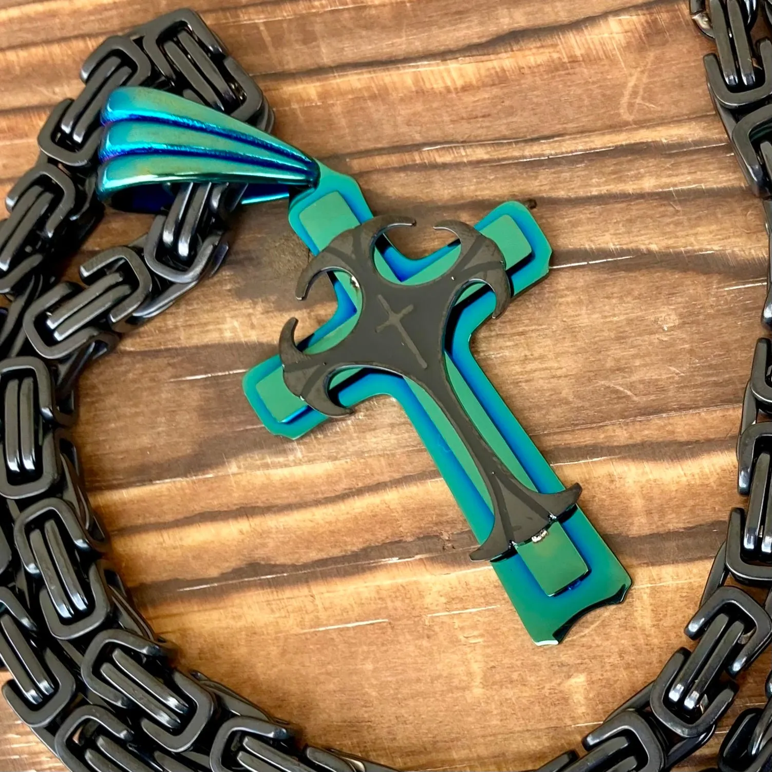 Cross - Risen Cross Black & Turquoise Pendant - Necklace - PEN830