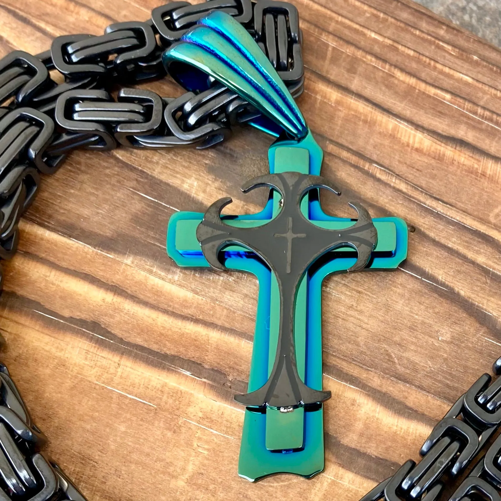 Cross - Risen Cross Black & Turquoise Pendant - Necklace - PEN830