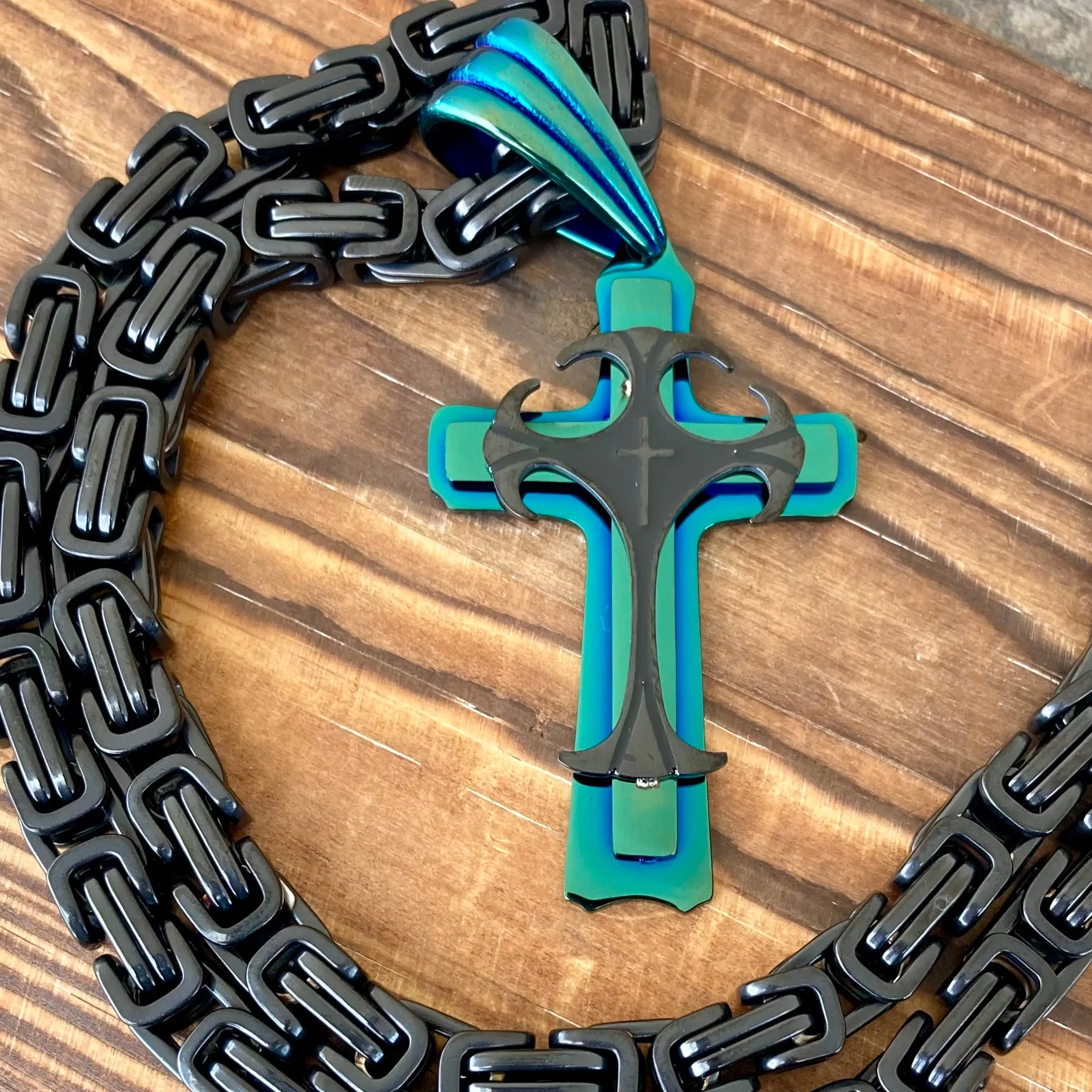 Cross - Risen Cross Black & Turquoise Pendant - Necklace - PEN830