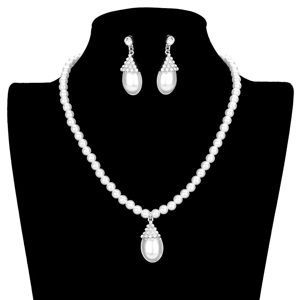 Crystal Pave Teardrop Pearl Pendant Necklace