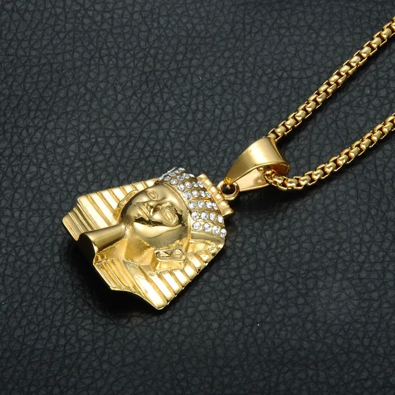 Cubic Zirconia Studded Ancient Egypt Pharaoh Bead Chain Stainless Steel Hip-hop Pendant Necklace