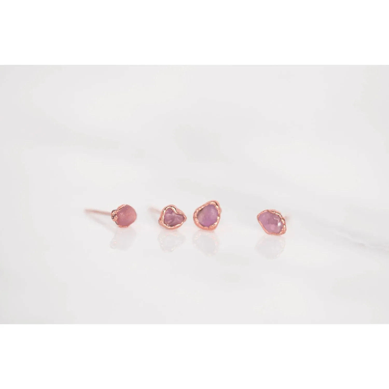 Dainty Raw Ruby Stud Earrings in Rose Gold