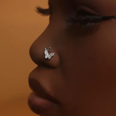 Double Crystal Diamond Butterfly Nose Stud Ring