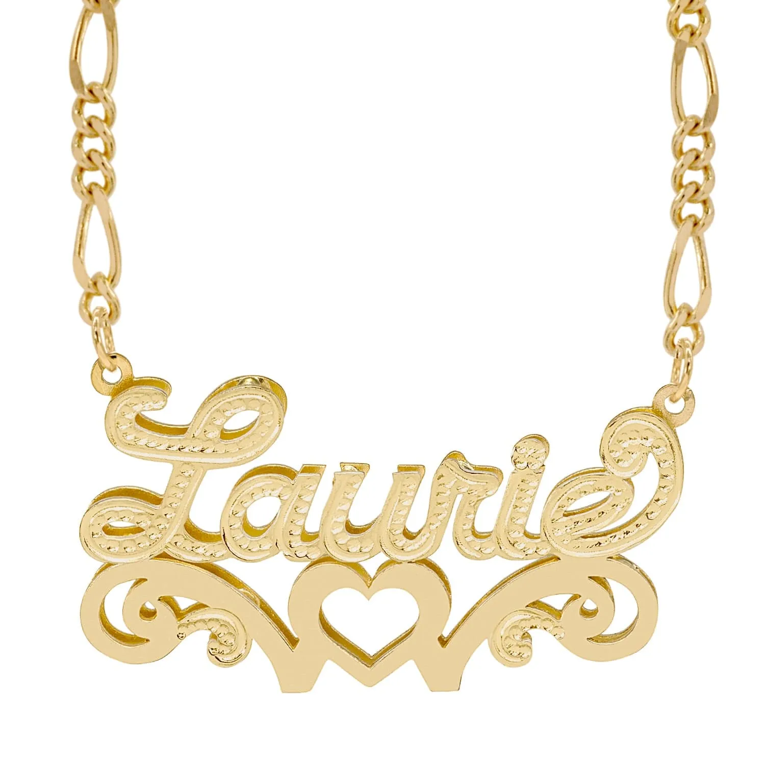 Double Nameplate Necklace w/ Love Heart Laurie with Figaro chain