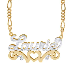 Double Nameplate Necklace w/ Love Heart Laurie with Figaro chain