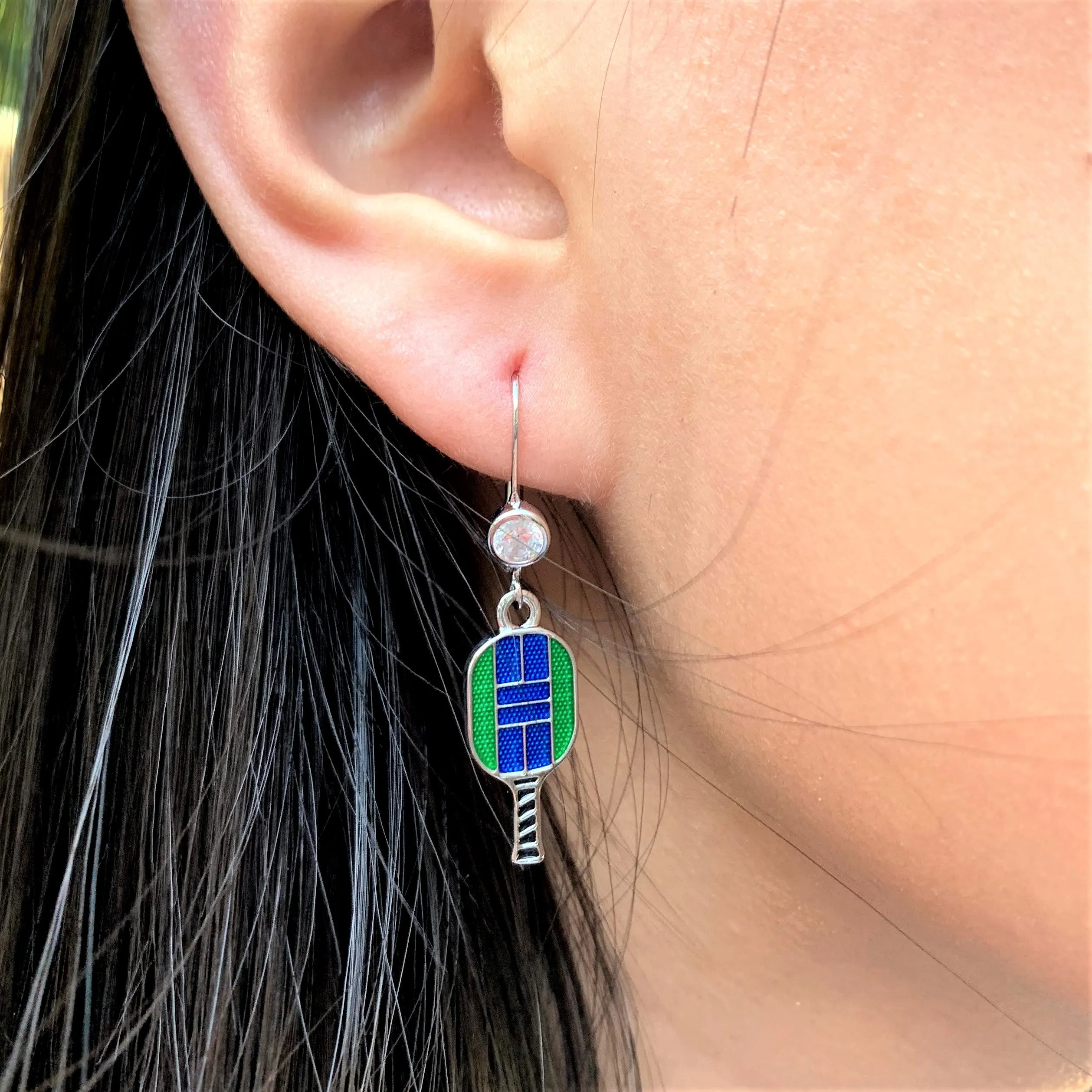 Enamel Pickle ball Paddle Lever Back Earrings