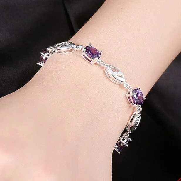 Fashion 925 Sterling Silver Geometric Amethyst Bracelet