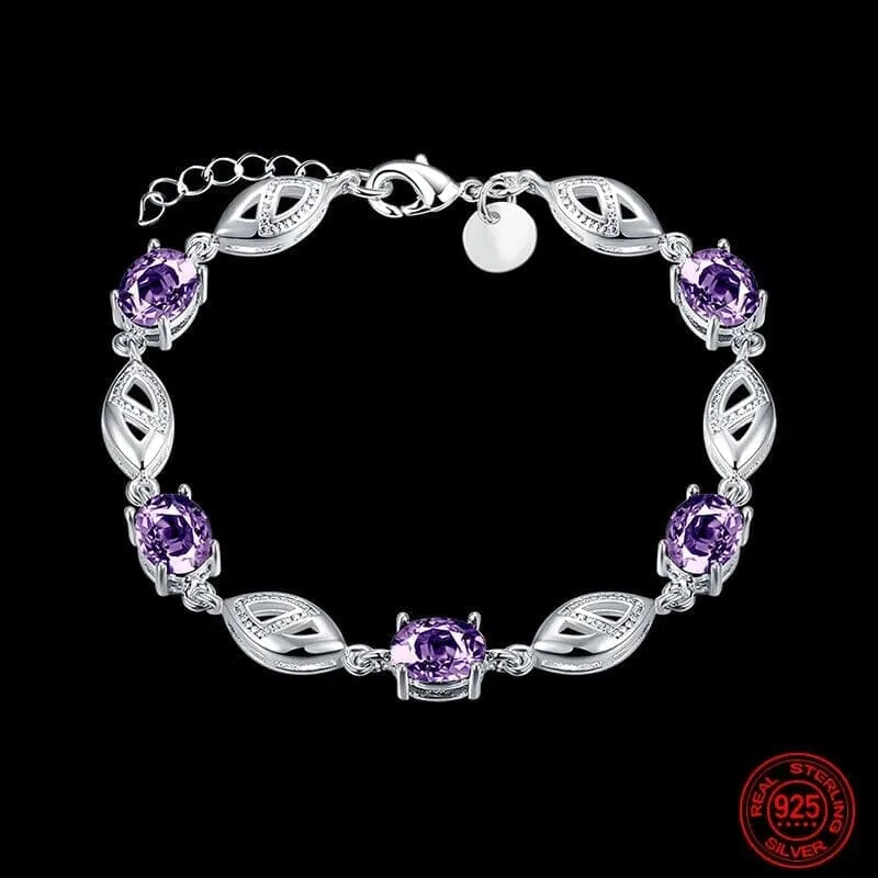 Fashion 925 Sterling Silver Geometric Amethyst Bracelet