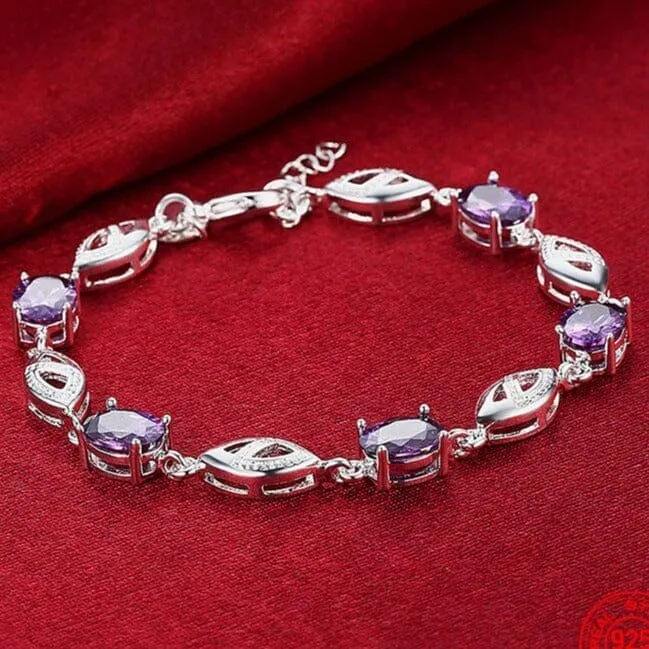 Fashion 925 Sterling Silver Geometric Amethyst Bracelet