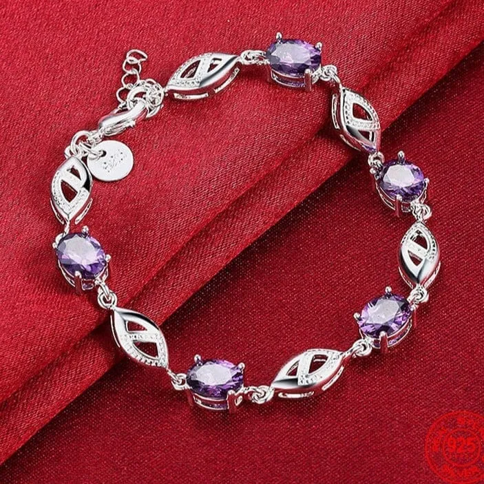 Fashion 925 Sterling Silver Geometric Amethyst Bracelet