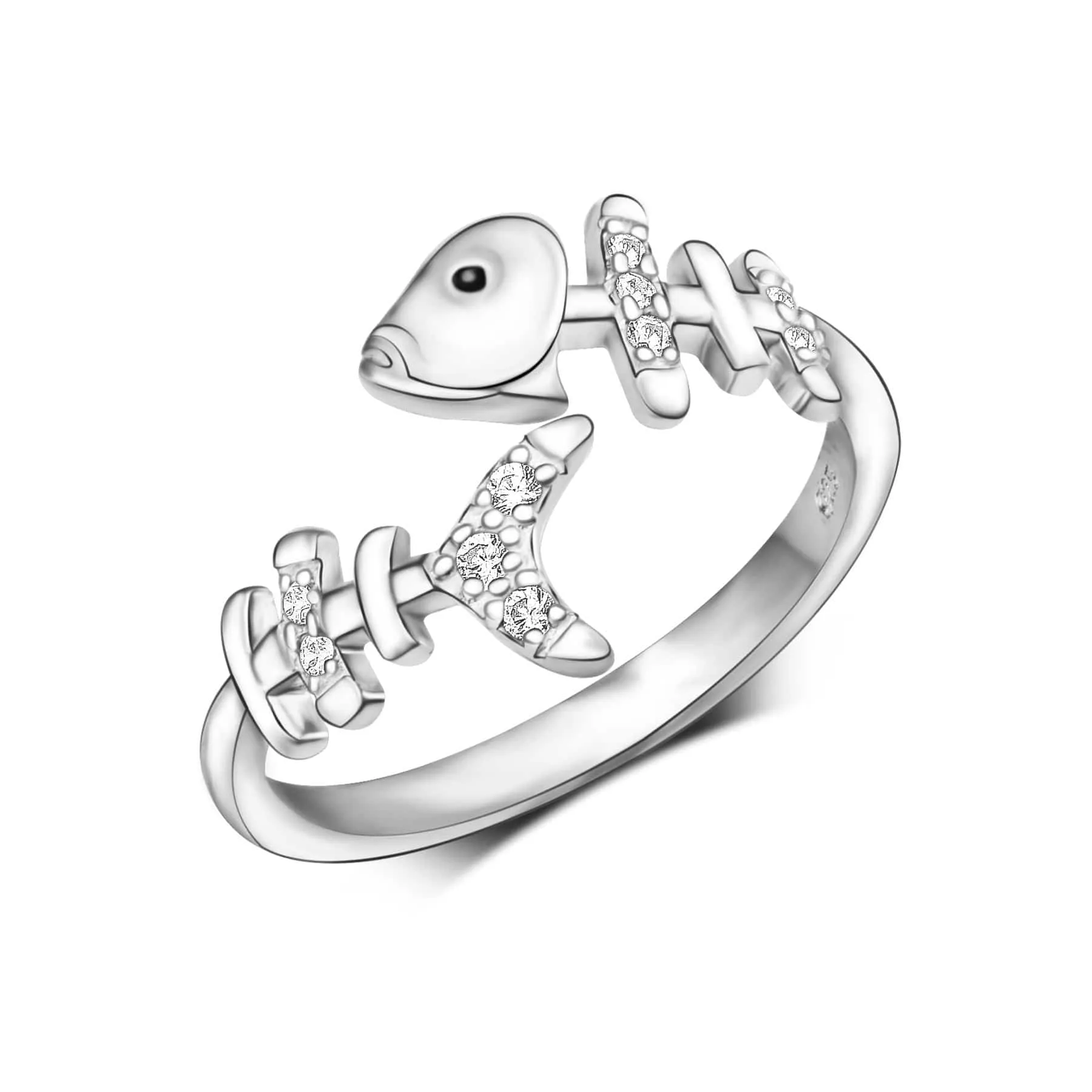 Fishbone Sterling Silver Ring with Stones Adjustable