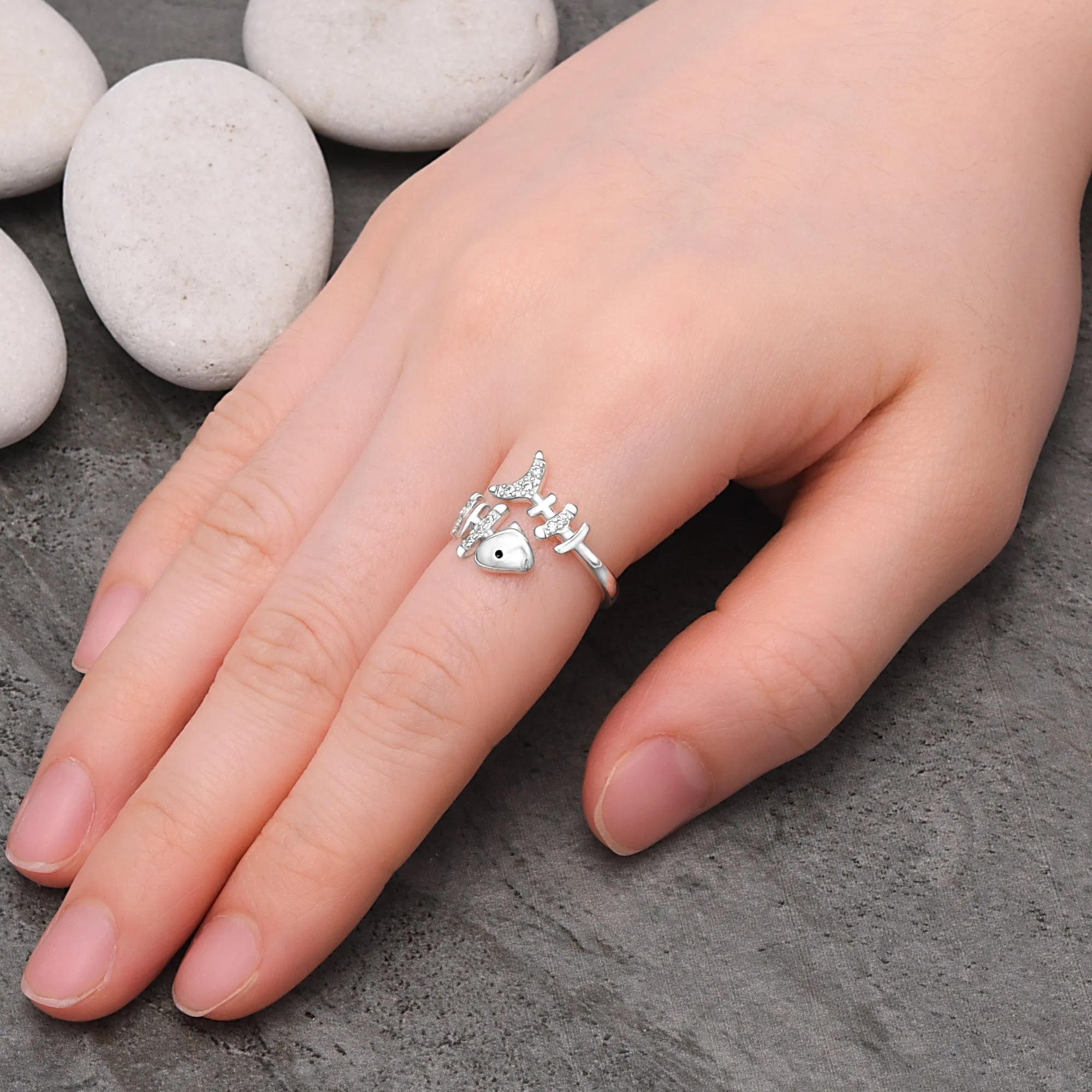 Fishbone Sterling Silver Ring with Stones Adjustable