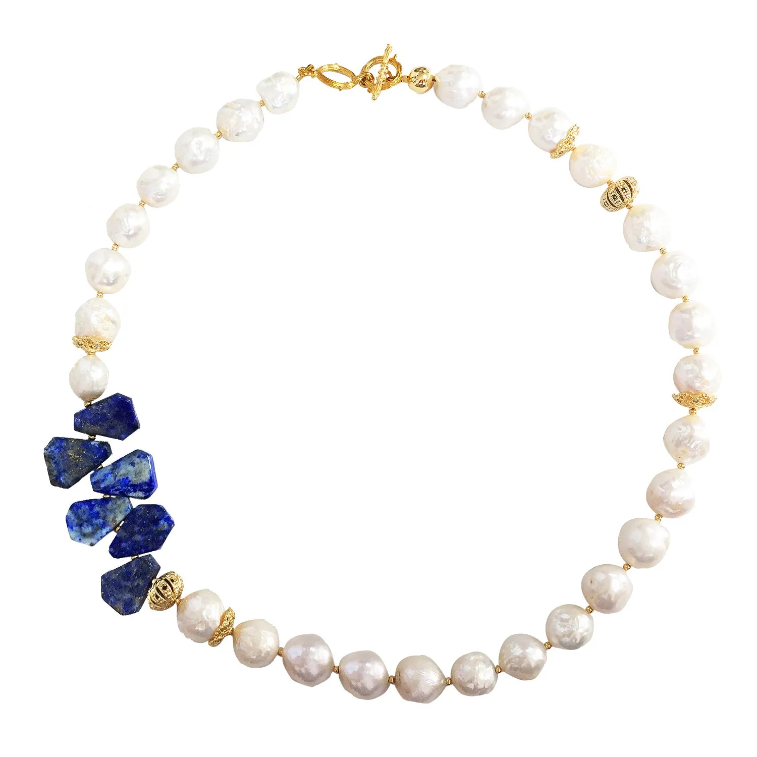 Freshwater Pearl With Lapis Flower Statement Necklace  MN040