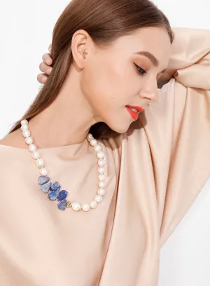 Freshwater Pearl With Lapis Flower Statement Necklace  MN040