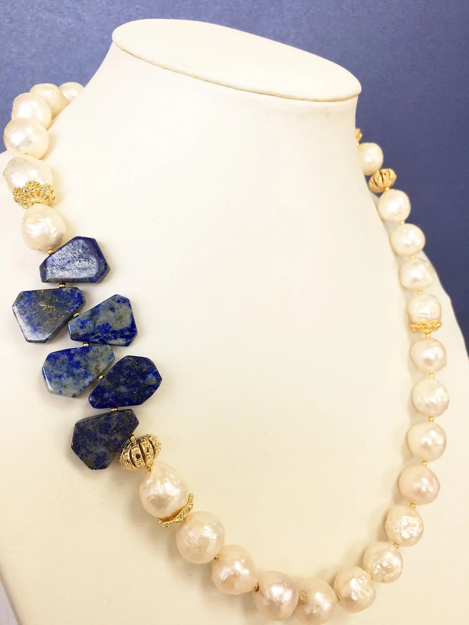 Freshwater Pearl With Lapis Flower Statement Necklace  MN040