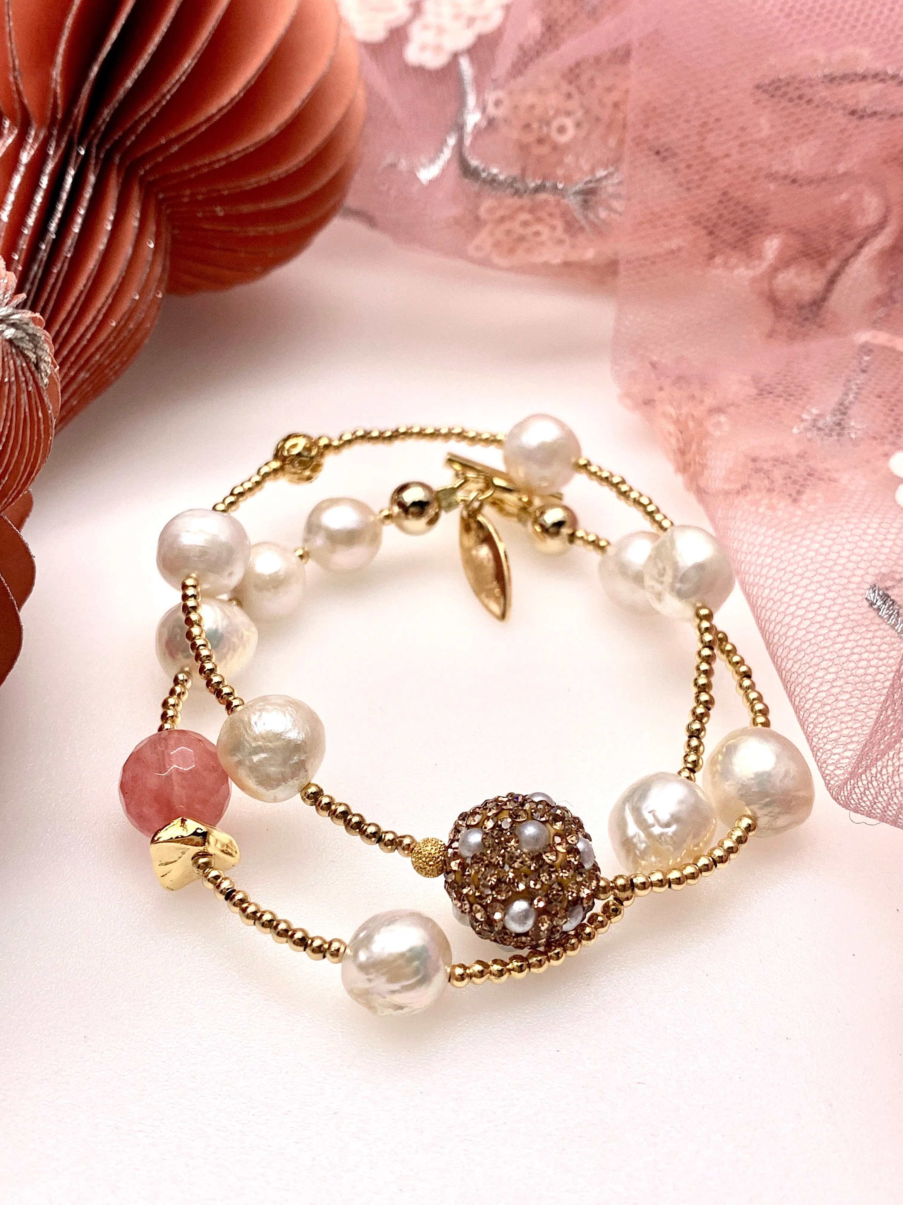 Freshwater Pearls With Watermelon Quartz Double Wrapped Bracelet GB004