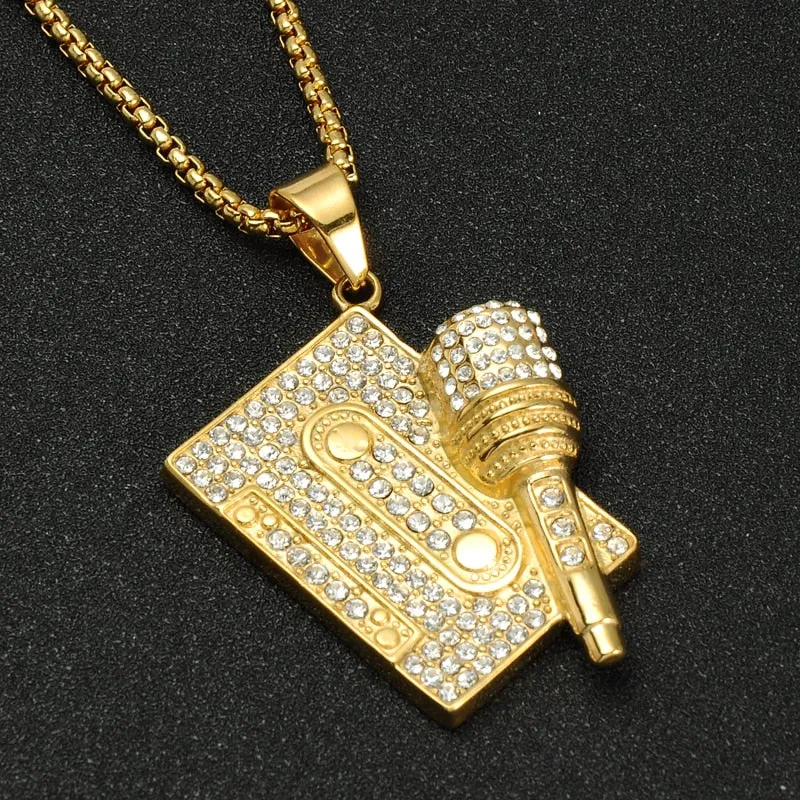 Gemstone-Studded Microphone Tape Bling Stainless Steel Hip-hop Pendant Necklace