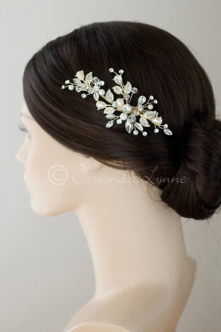 Gold Bridal Hair Clip of Teardrop Pearls Crystals and Rhinestones