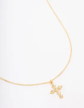 Gold Plated Diamante Round Cross Pendant Necklace