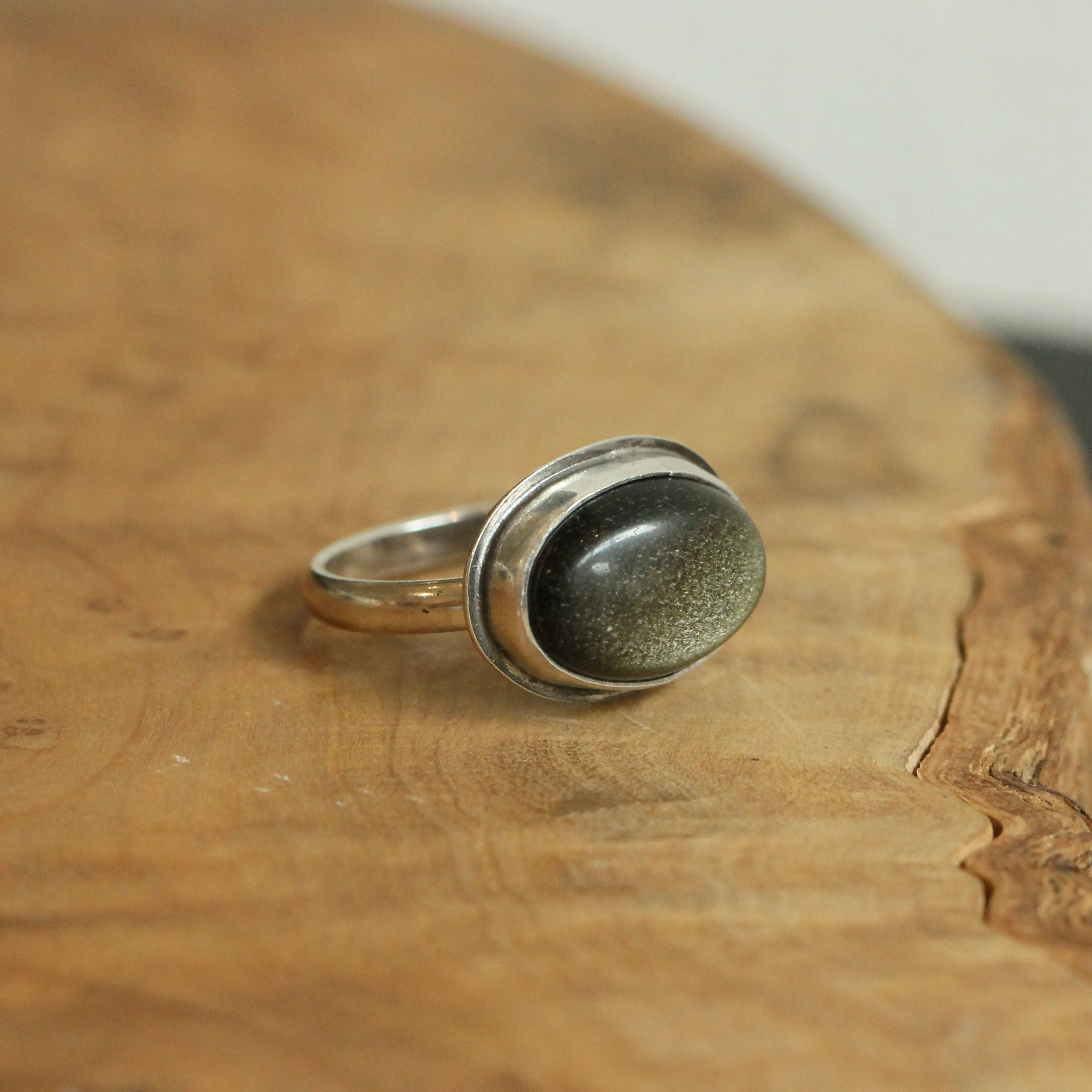 Golden Obsidian Ring - East West Oval Ring - Elegant Golden Ring - Unique Silversmith Ring