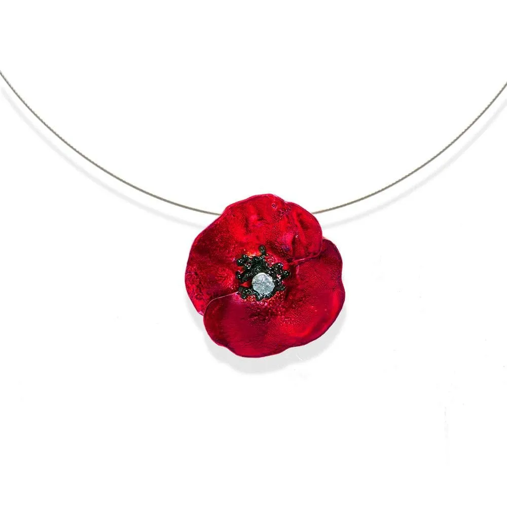 Handmade Silver Red Poppy Short Choker Necklace