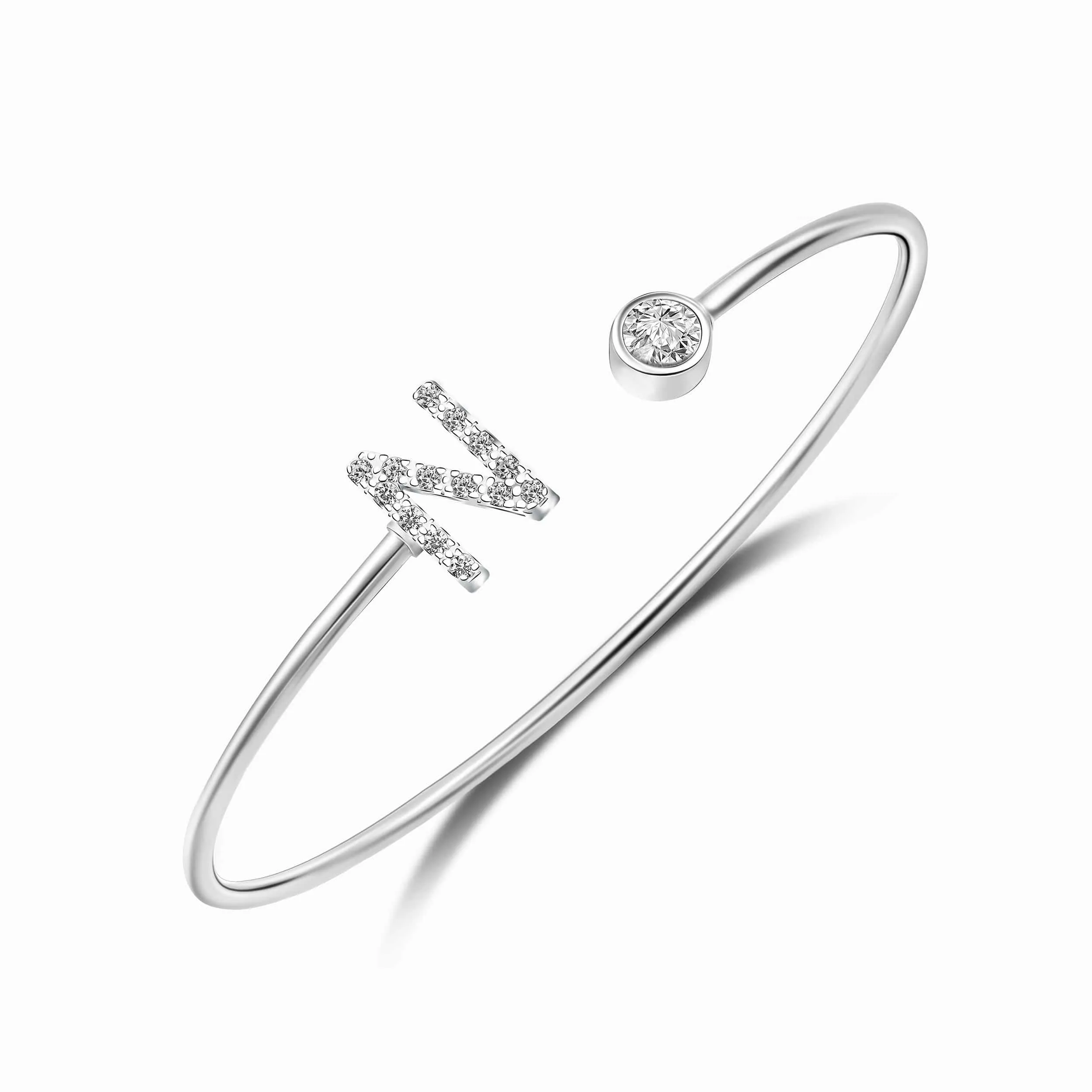 Initial Bangle Bracelets Silver Adjustable, 26 Alphabets