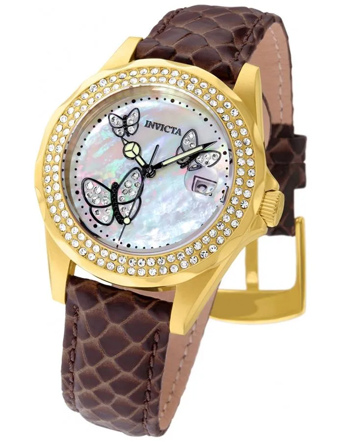 INVICTA Angel Womens 28 Crystal Butterfly Watch - Gold-Tone - Brown Leather