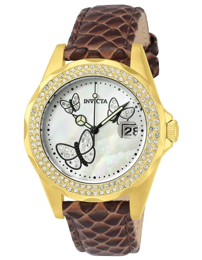 INVICTA Angel Womens 28 Crystal Butterfly Watch - Gold-Tone - Brown Leather