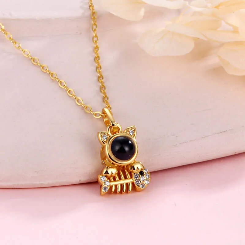 Kitten Cat Pet Fish-bone Shape Necklace with Picture Inside