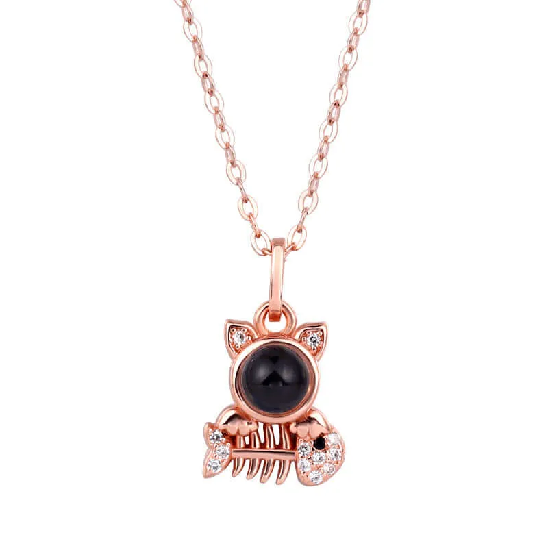 Kitten Cat Pet Fish-bone Shape Necklace with Picture Inside