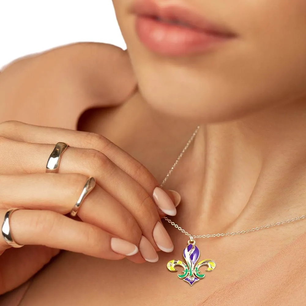 Mardi Gras Enamel Fleur de Lis Pendant Necklace