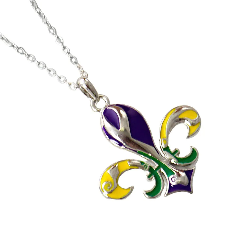 Mardi Gras Enamel Fleur de Lis Pendant Necklace