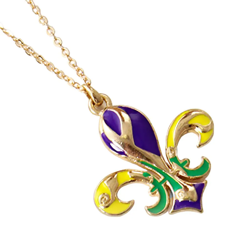 Mardi Gras Enamel Fleur de Lis Pendant Necklace