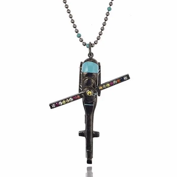 MCL Design Sterling Silver Helicopter Pendant with Powder Blue Enamel, Mixed Sapphires & Citrine